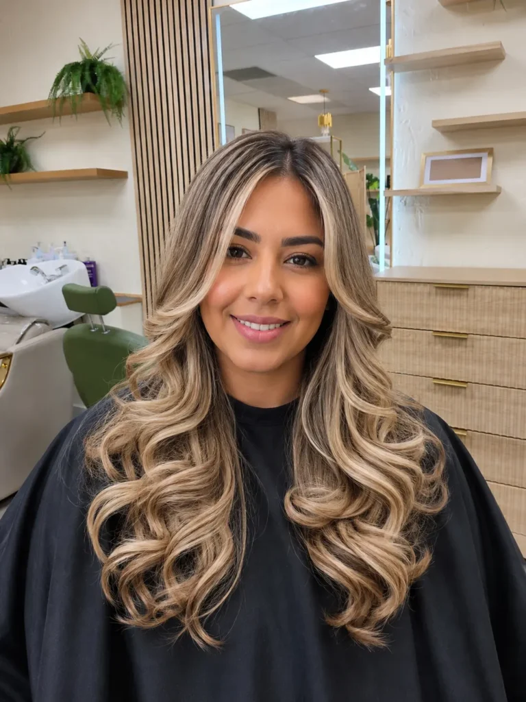 Professional balayage highlights with soft curls at Ibeth's Luxe Hair Studio in Vancouver, WA