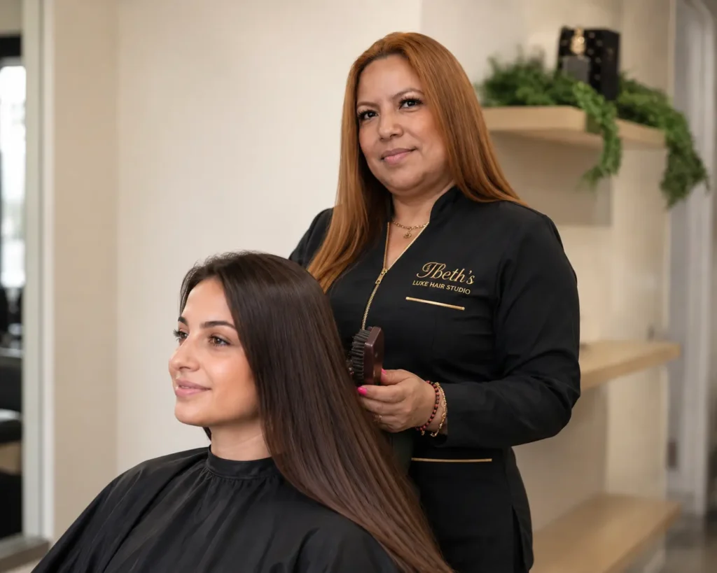 Professional hairstylist providing hair care and styling services to a client at Ibeth's Luxe Hair Studio in Vancouver, WA.
