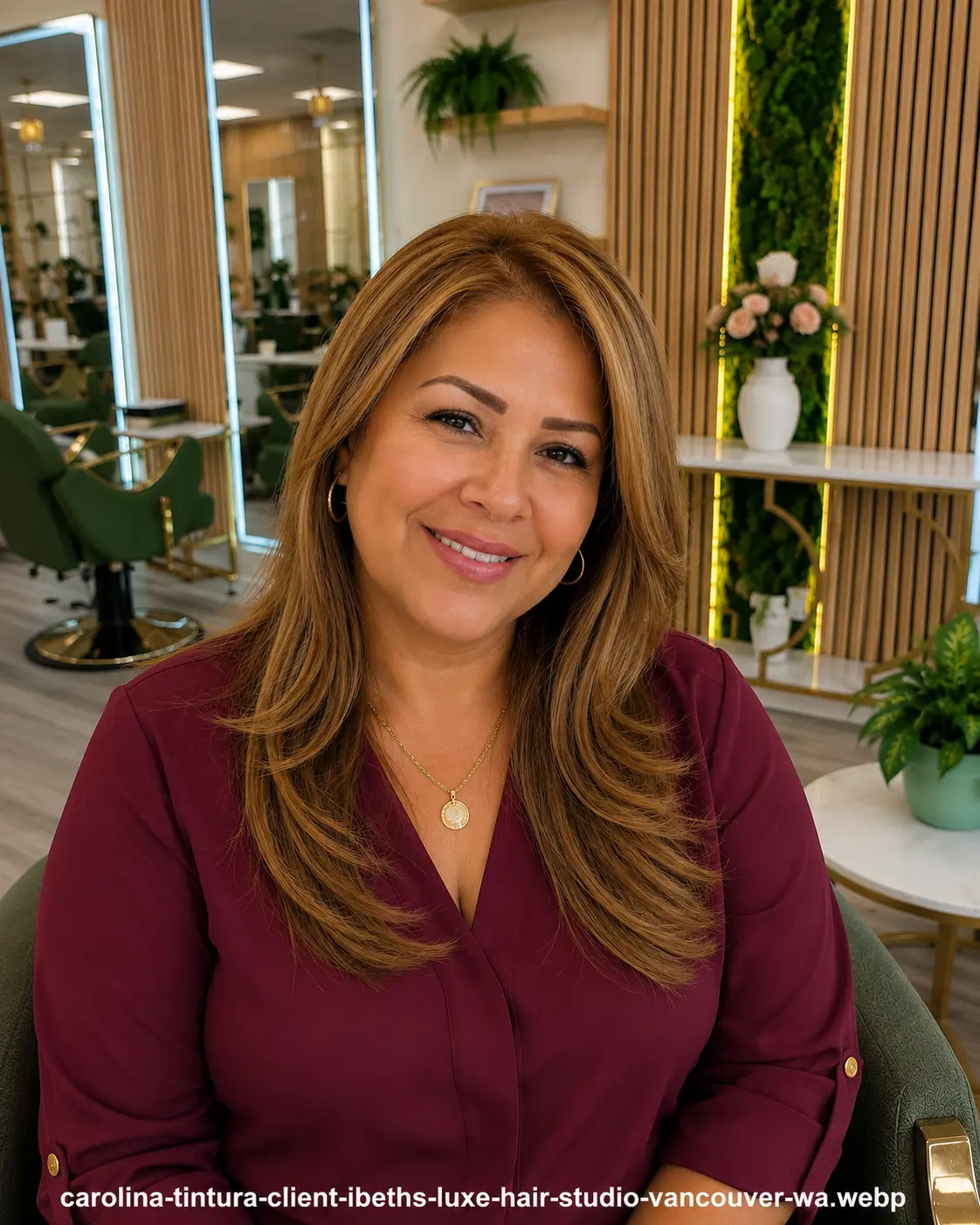 Carolina Gonzalez after a professional hair color service at Ibeth's Luxe Hair Studio in Vancouver, WA.