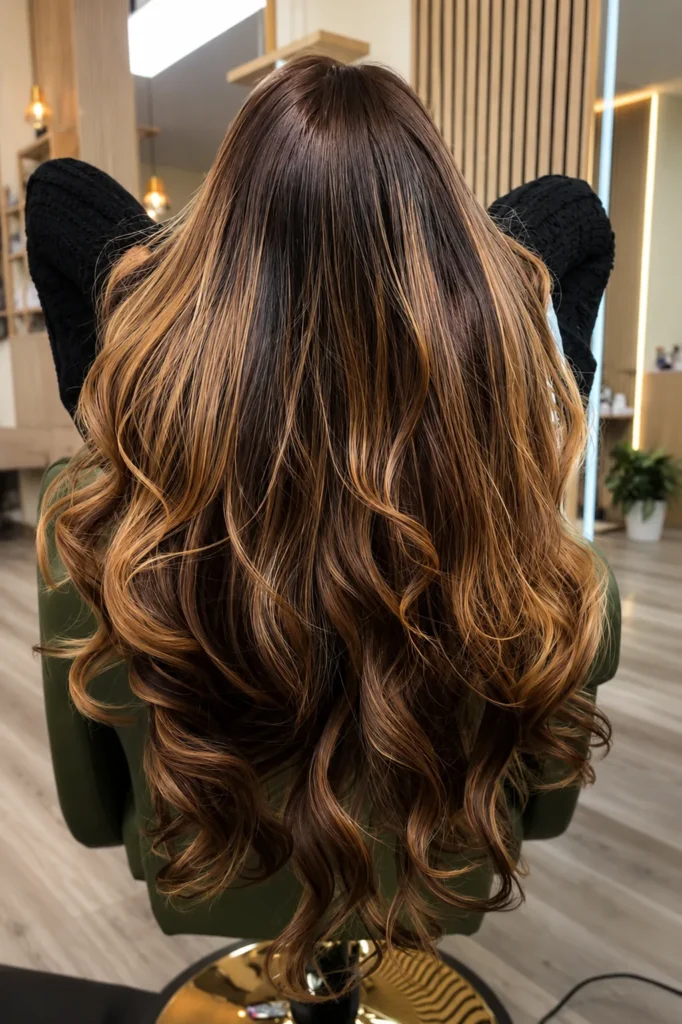 Long brunette balayage with soft waves professionally styled at Ibeth's Luxe Hair Studio in Vancouver, Washington.
