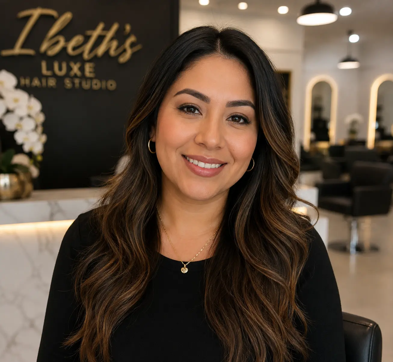 Maria Rodriguez, balayage client at Ibeth's Luxe Hair Studio in Vancouver, WA.